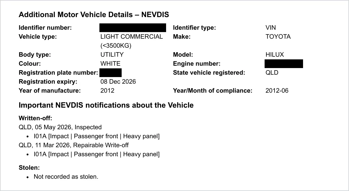 Vehicle section of a PPSR certificate for a 2012 Toyota Hilux showing a Queensland repairable write-off in March 2026 and an inspected entry in May 2026