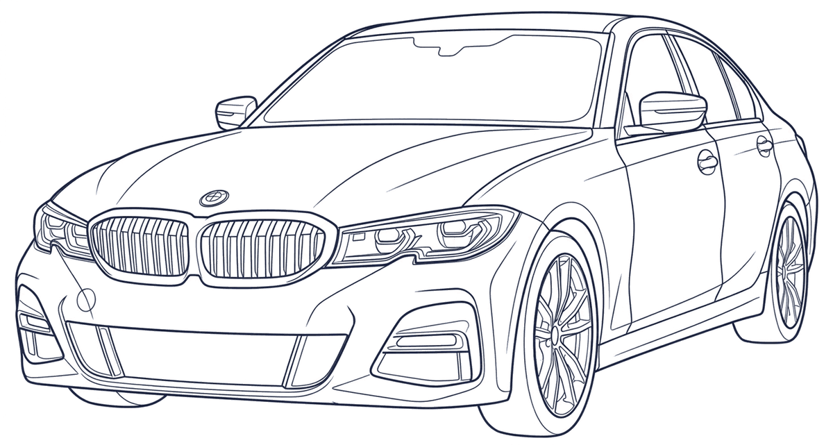 Line drawing of a BMW 3 Series sedan (G20), numbered where the VIN is