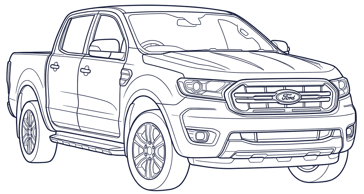 Line drawing of a Ford Ranger double-cab ute (PX), numbered where the VIN is