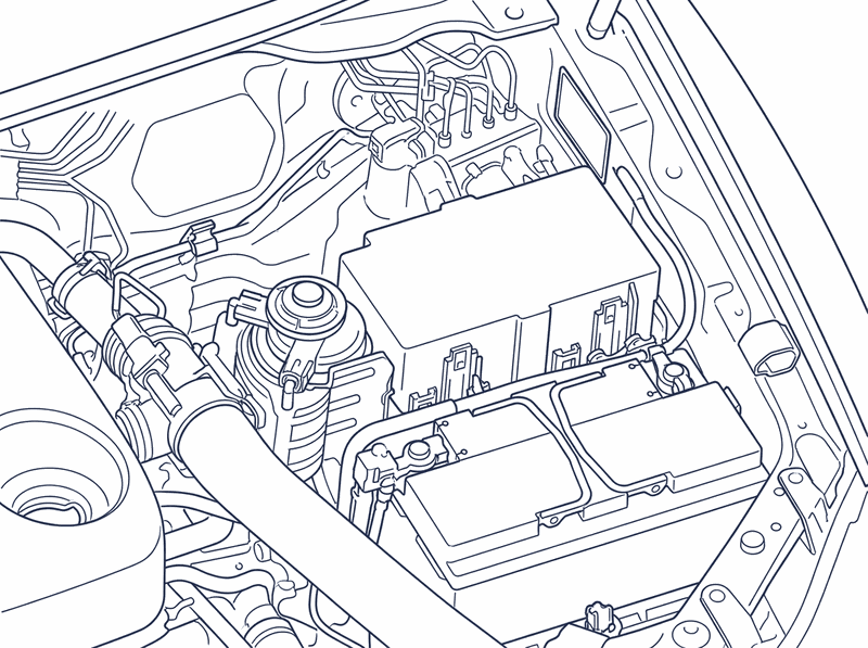 The vehicle identification plate at the back of the engine bay on the passenger side, behind the fuse box and battery