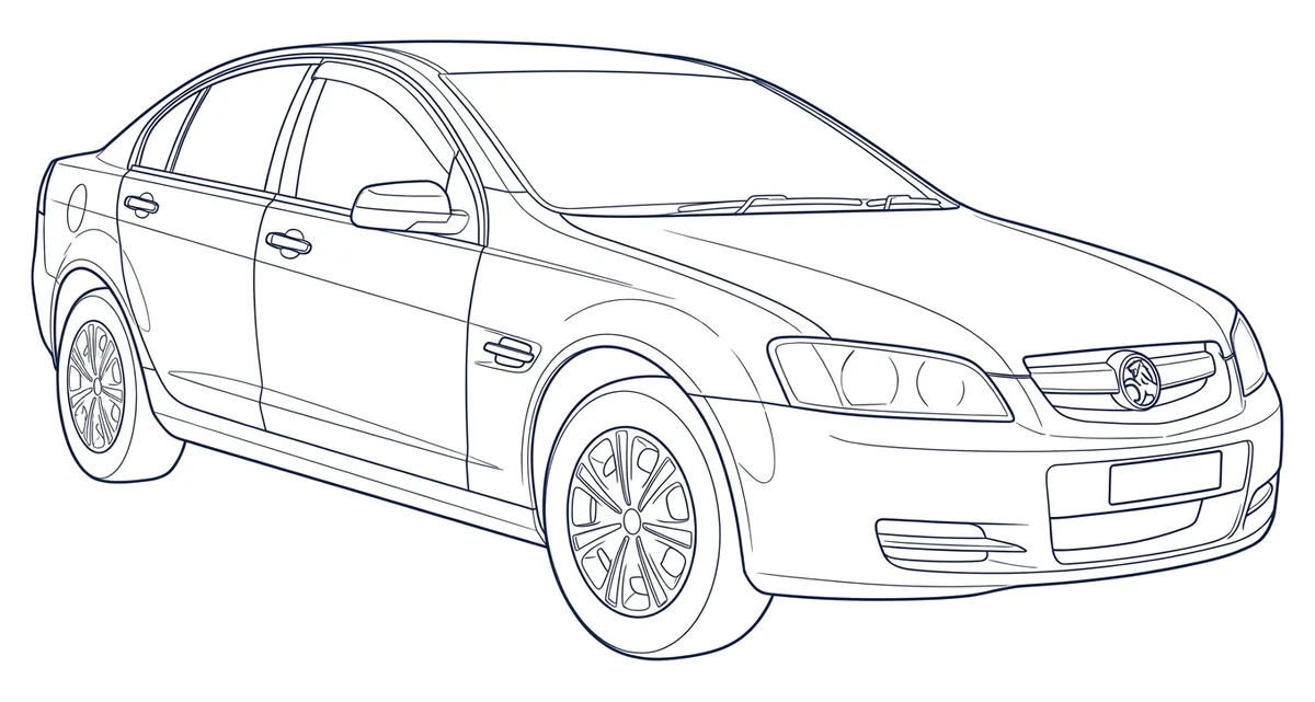 Line drawing of a Holden Commodore sedan (VE), numbered where the VIN is