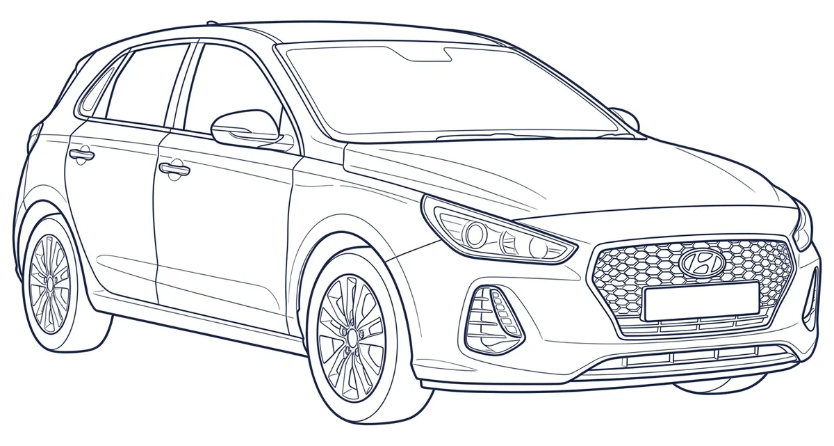 Line drawing of a Hyundai i30 hatch (PD), numbered where the VIN is