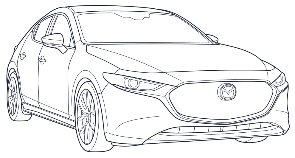 Line drawing of a Mazda3 hatch (BP), numbered where the VIN is