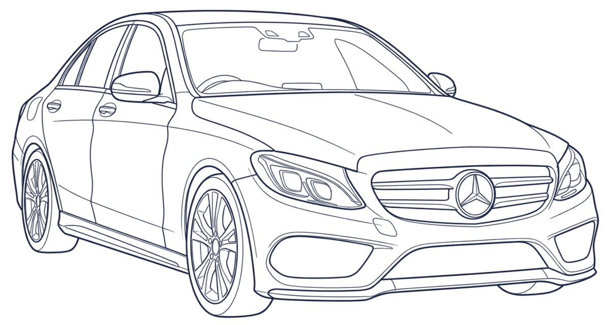 Line drawing of a C-Class sedan (W205), numbered where the VIN is