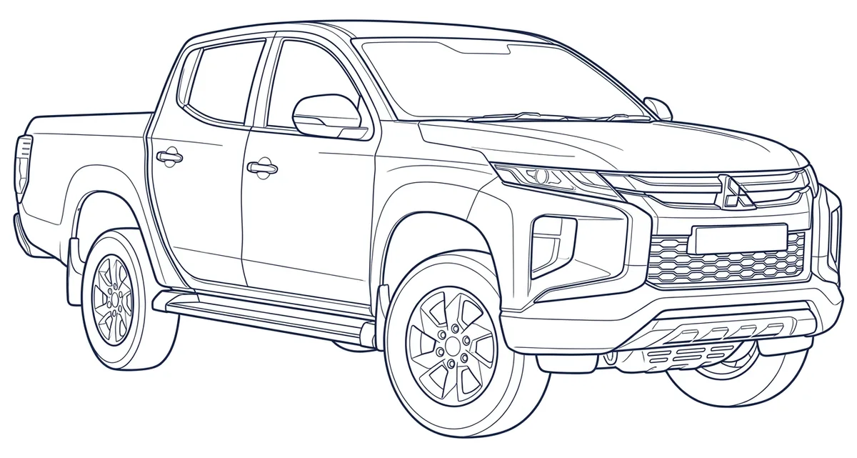 Line drawing of a Mitsubishi Triton double-cab ute (MQ/MR), numbered where the VIN is