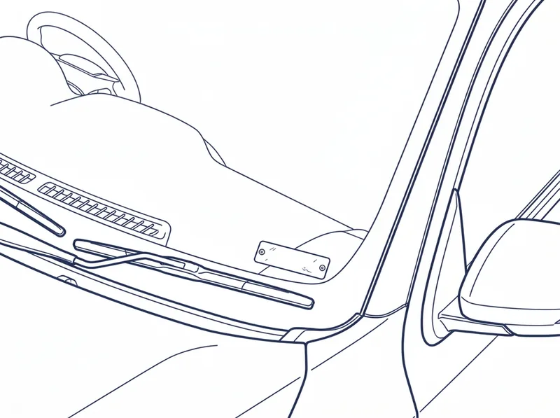Close-up line drawing of the passenger-side corner of a Triton windscreen, showing the riveted VIN plate seen through the glass.