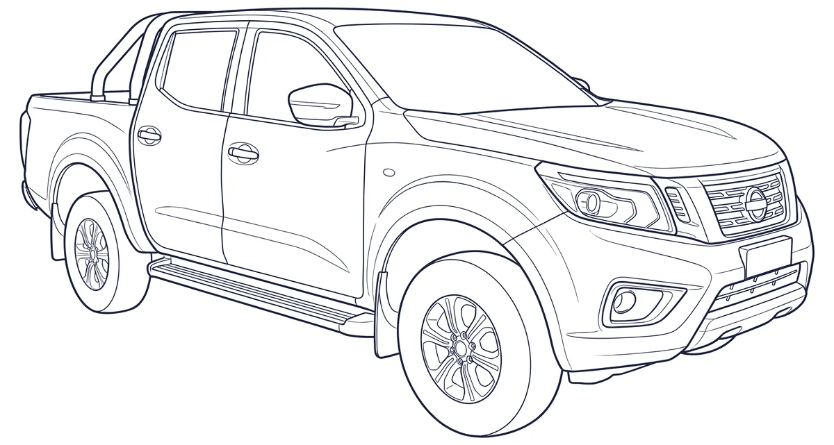 Line drawing of a Nissan Navara dual-cab ute (D23), numbered where the VIN is