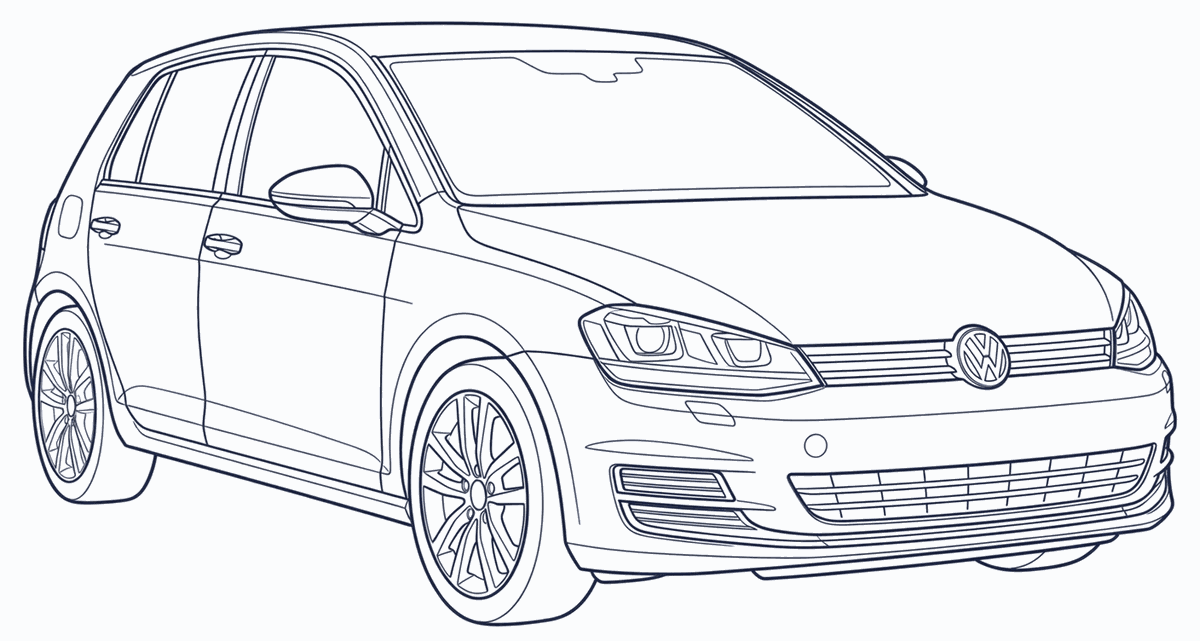 Line drawing of a Golf hatch (Mk7), numbered where the VIN is